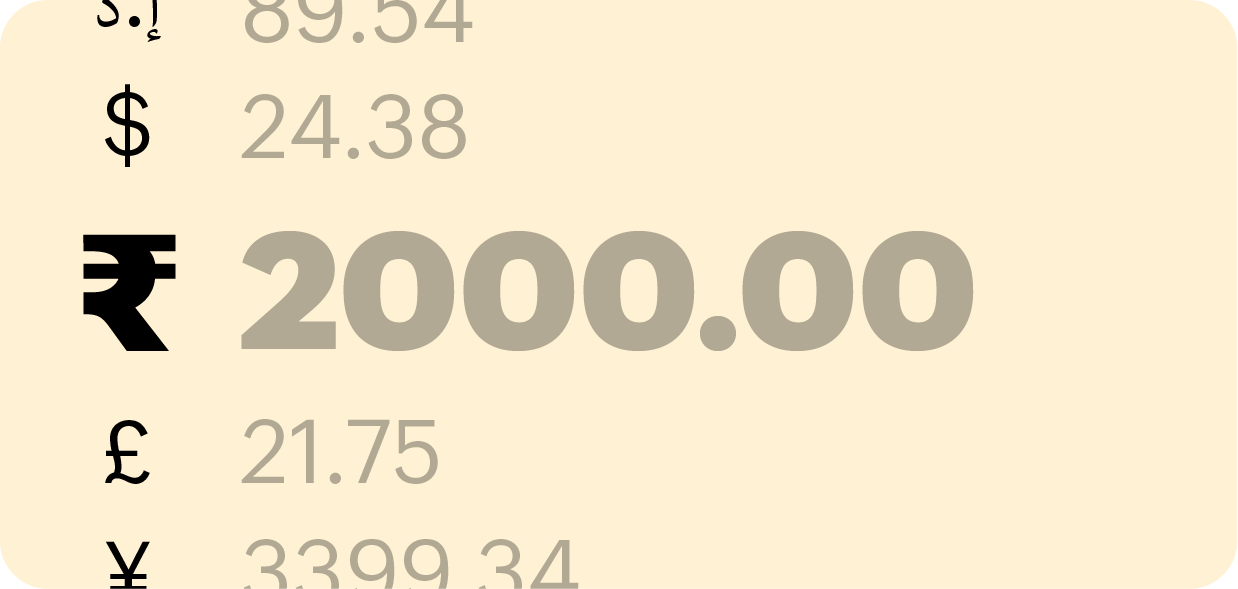 Numbers with global currency symbols highlights ' multi-currency feature